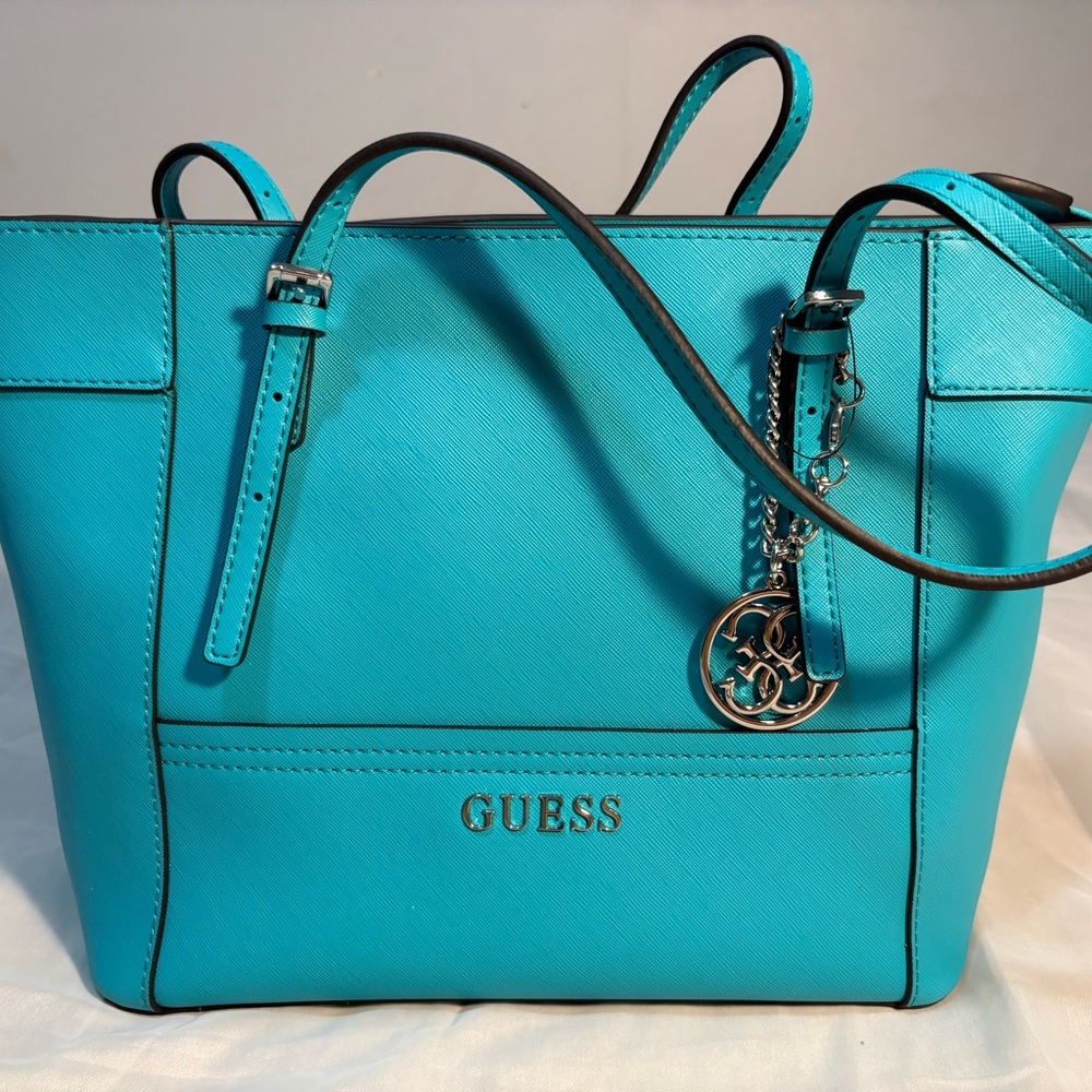 GUESS Delaney Aqua Blue Tote Bag NWOT - Stylish Medium Saffiano Purse